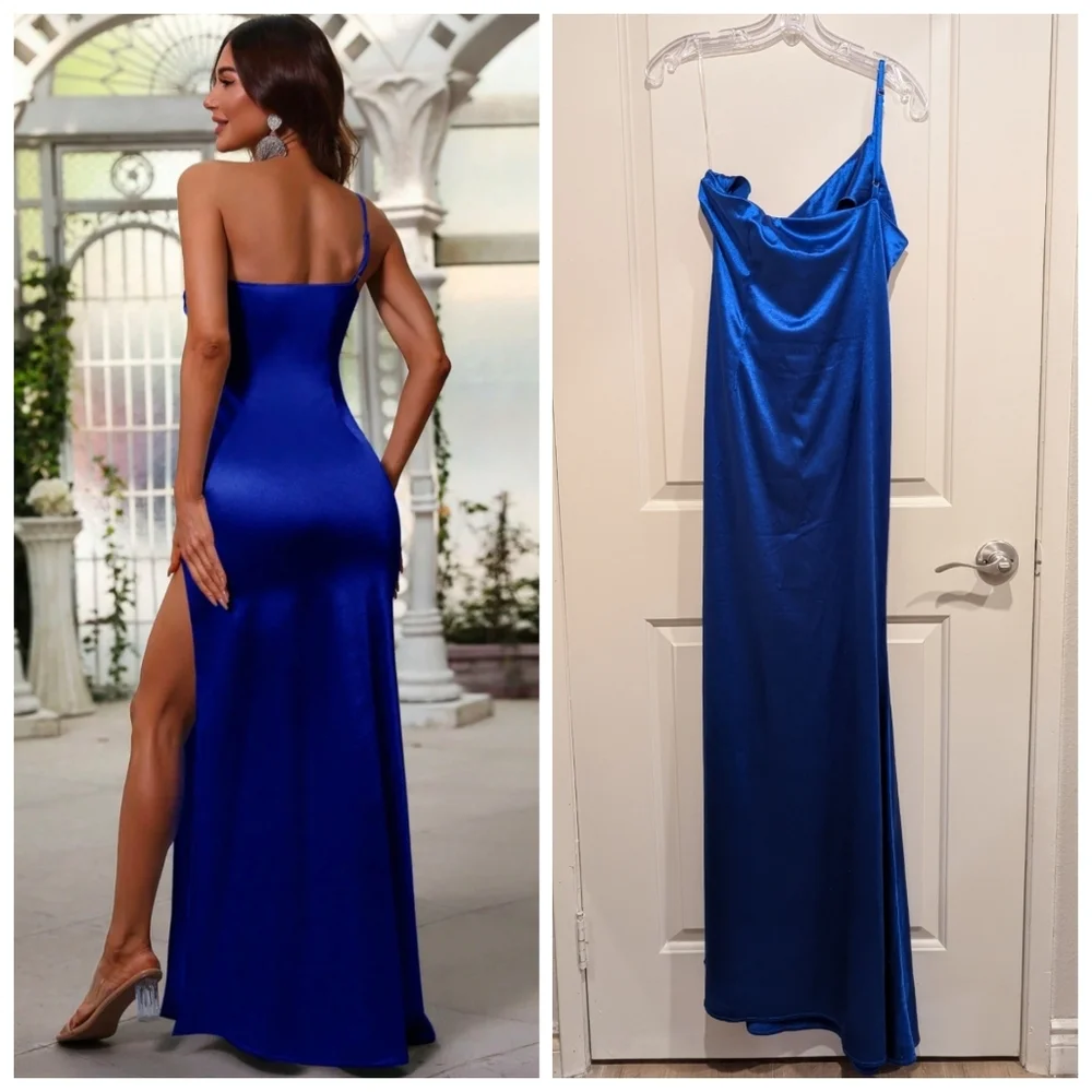 Faeriesty One Shoulder Sleeveless High Slit Blue Maxi Dress Large - Picture 2 of 12